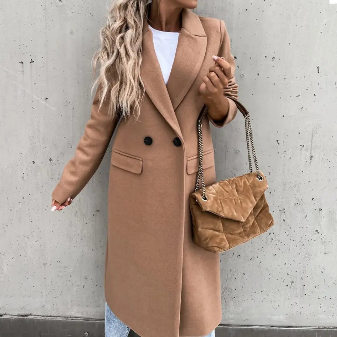 Rosalind | Timeless Women's Long Coat with Double-Breasted Design and Wool-Blend Fabric