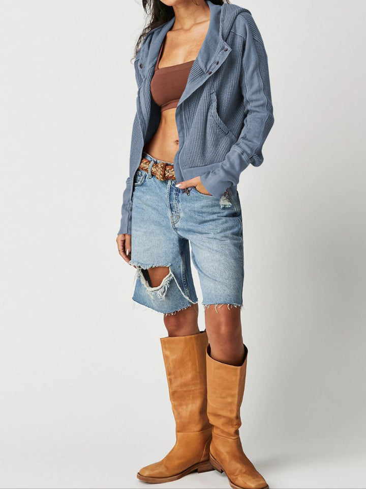 Women's Cotton Waffle Knit Zip Up Hoodie Casual Outerwear