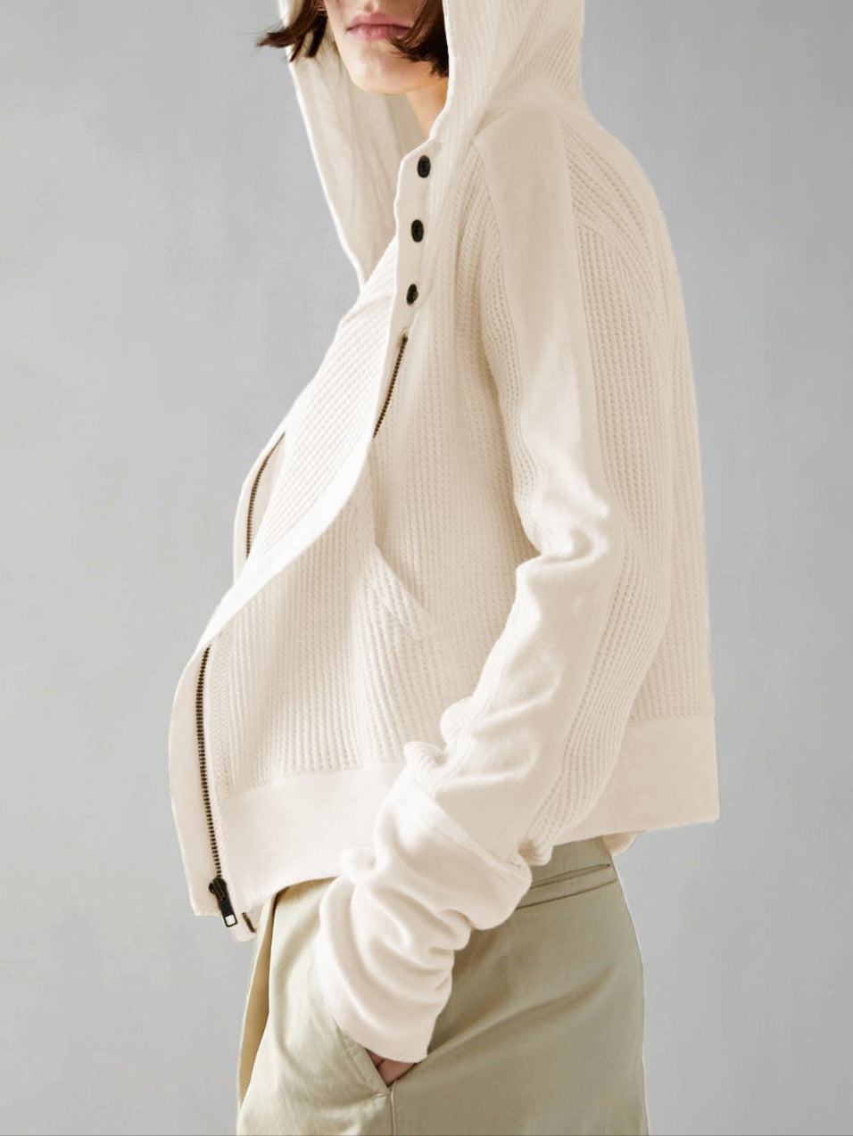 Women's Cotton Waffle Knit Zip Up Hoodie Casual Outerwear