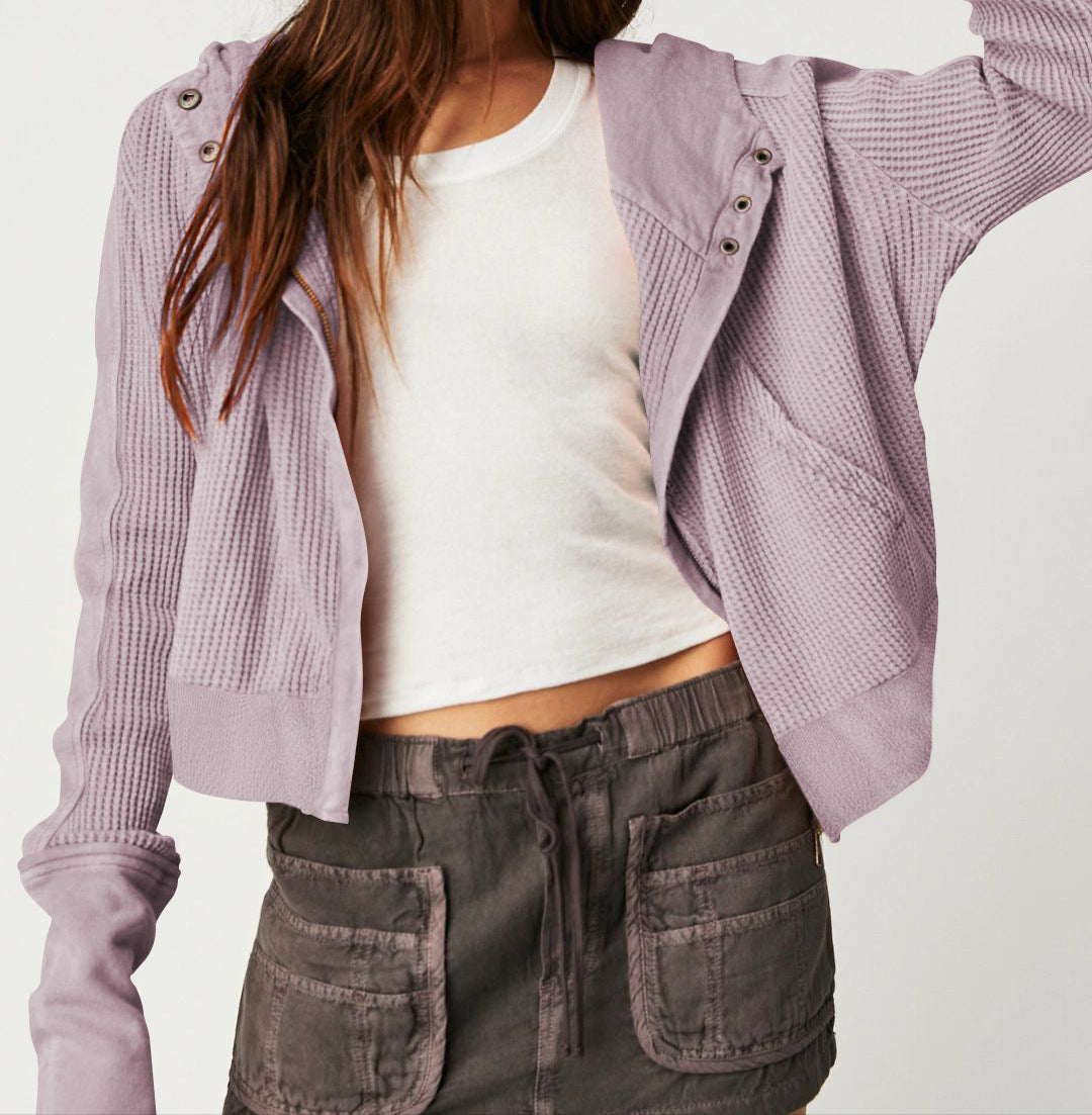 Women's Cotton Waffle Knit Zip Up Hoodie Casual Outerwear