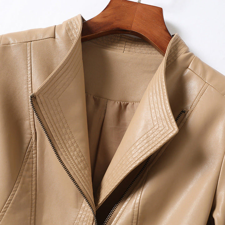 Veste en cuir avec fermeture éclair asymétrique à l'avant, cuir véritable, col en V  