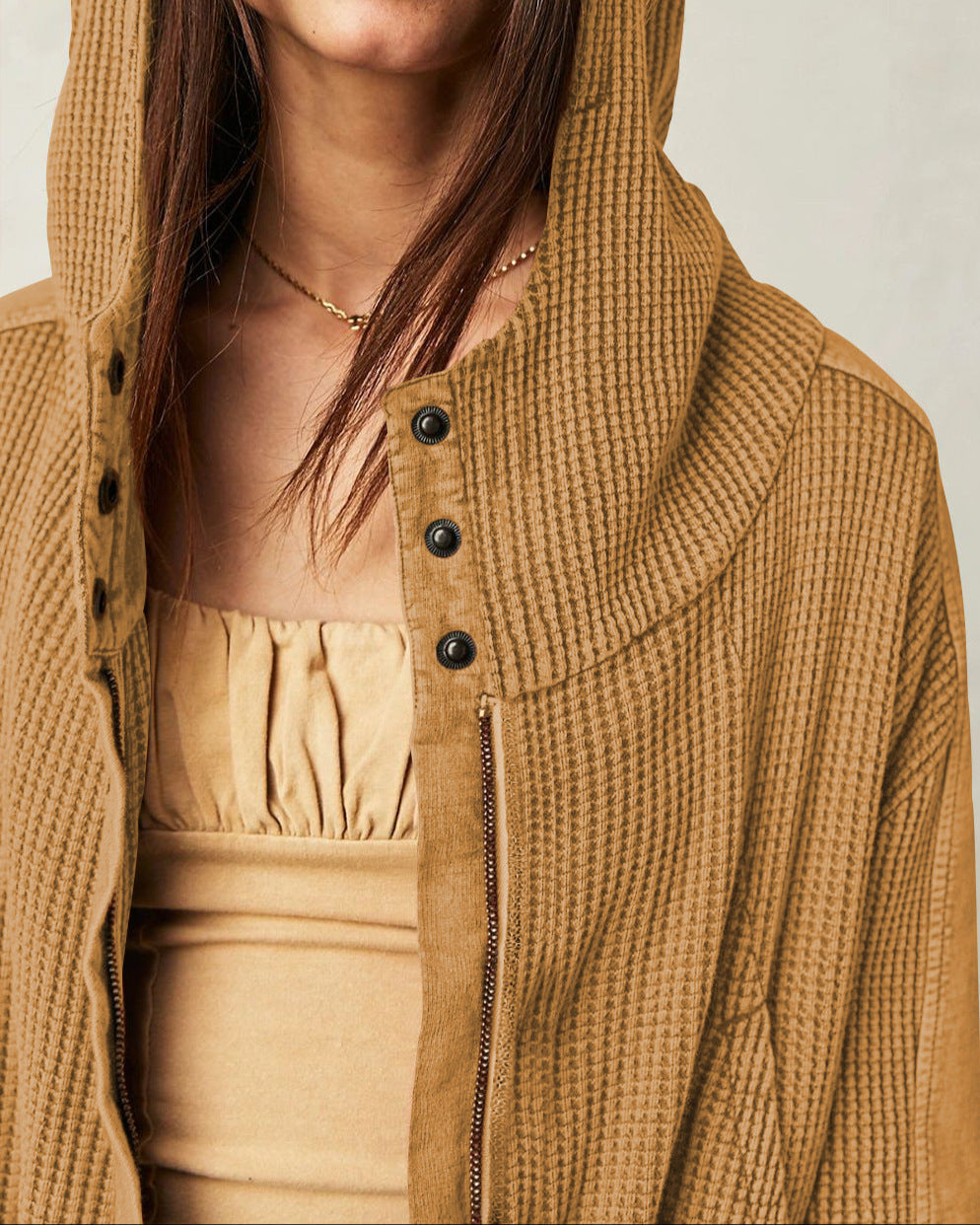 Women's Cotton Waffle Knit Zip Up Hoodie Casual Outerwear