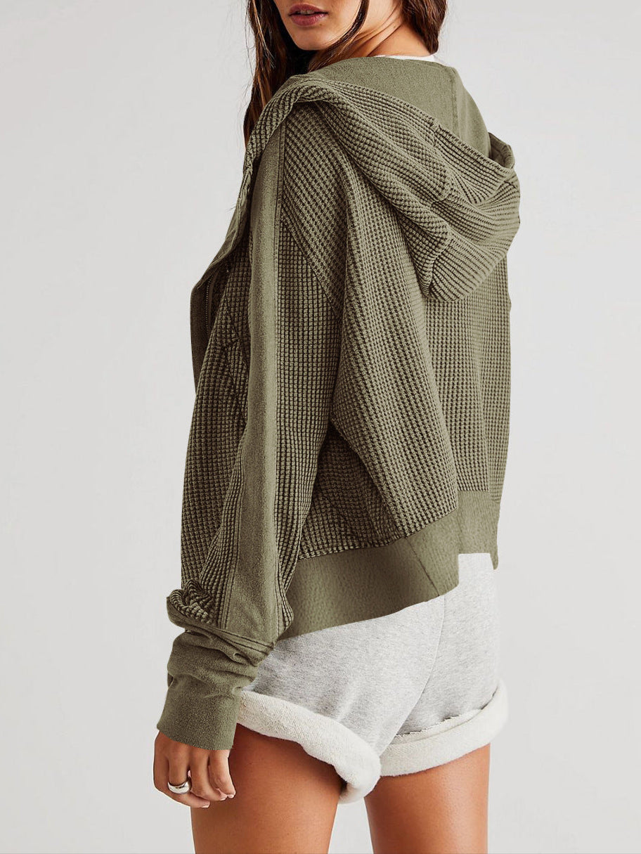 Women's Cotton Waffle Knit Zip Up Hoodie Casual Outerwear