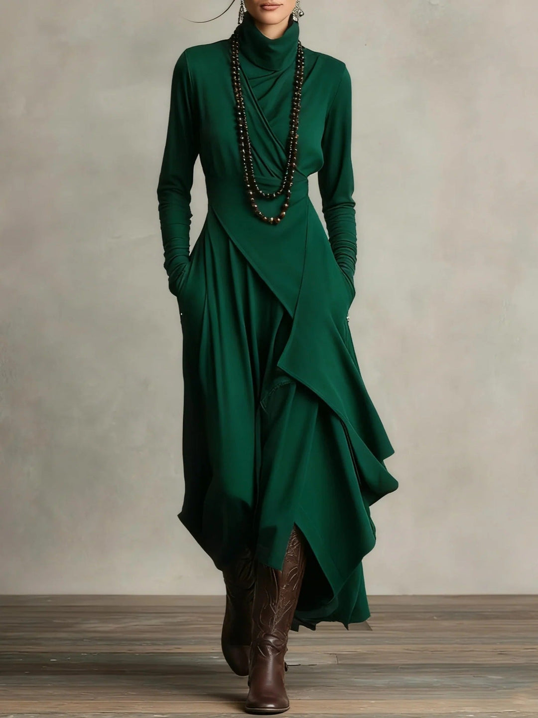 Natalia | Robe maxi tricotée asymétrique à col roulé