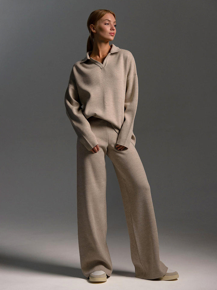 Guadalupe | Versatile Polo Sweater and Wide-Leg Pants Set with Classic Collar