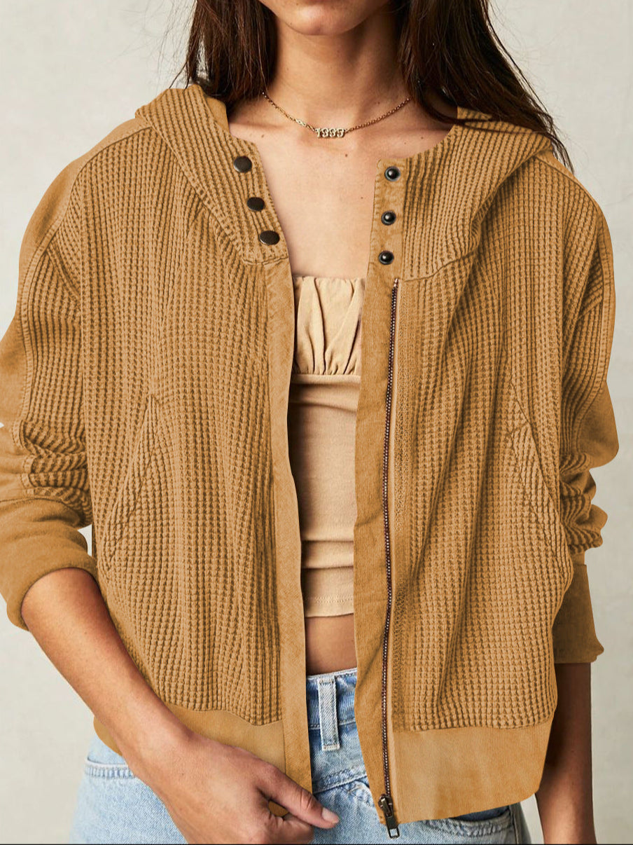 Women's Cotton Waffle Knit Zip Up Hoodie Casual Outerwear