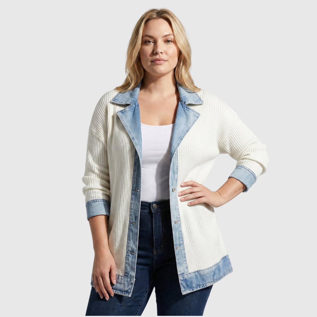 Women's Knit Denim Patchwork Jacket Casual Button Layering Outerwear