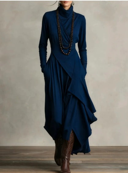 Natalia | Robe maxi tricotée asymétrique à col roulé