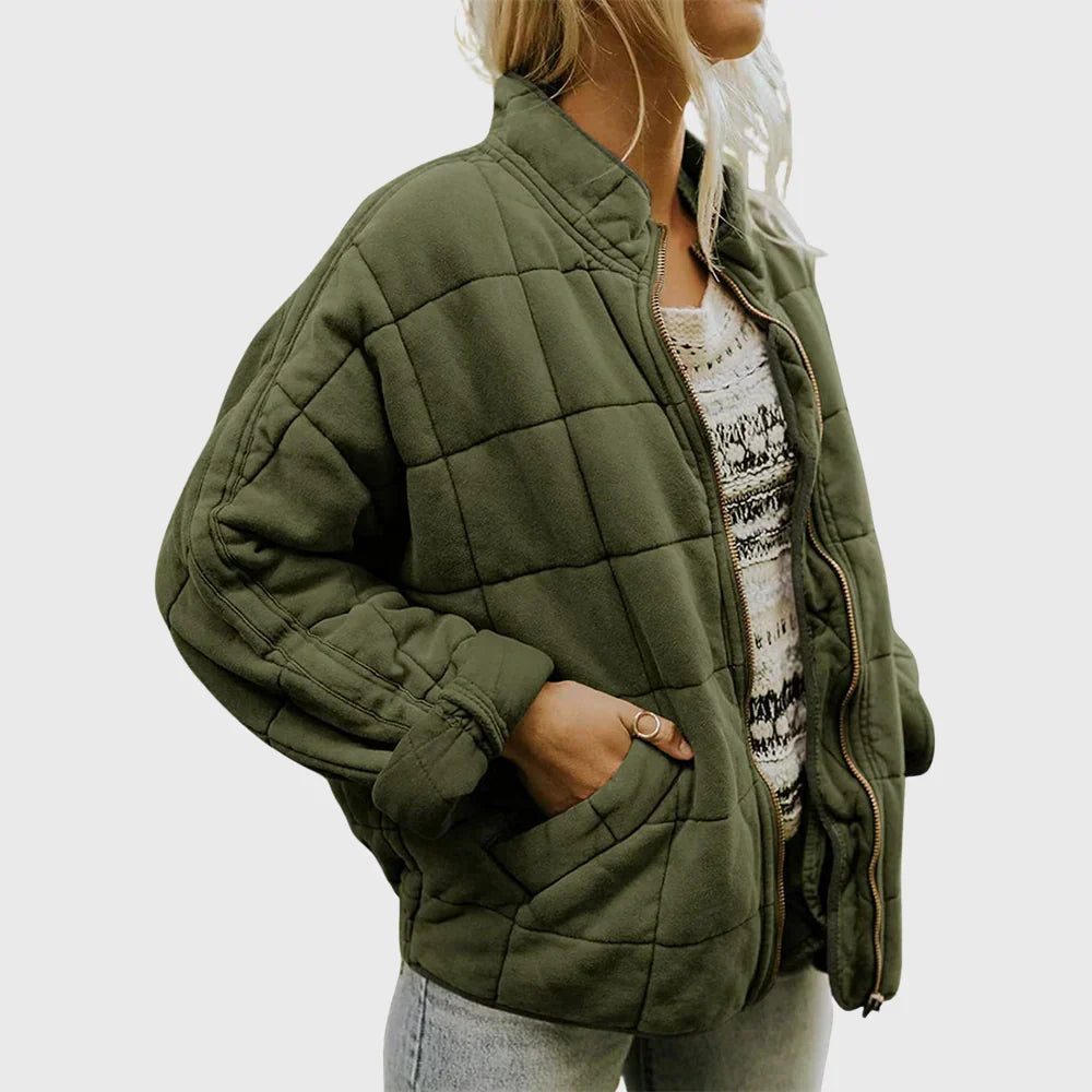 Women's Quilted Jacket Full Zip Stand Collar Casual Outerwear