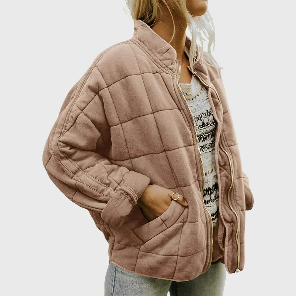 Women's Quilted Jacket Full Zip Stand Collar Casual Outerwear