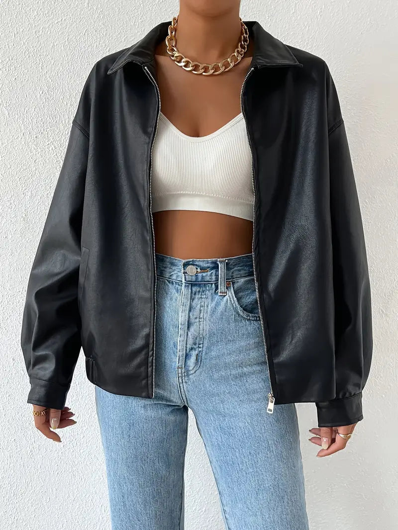 Women Faux Leather Jacket Relaxed Fit Zip Utility Outerwear