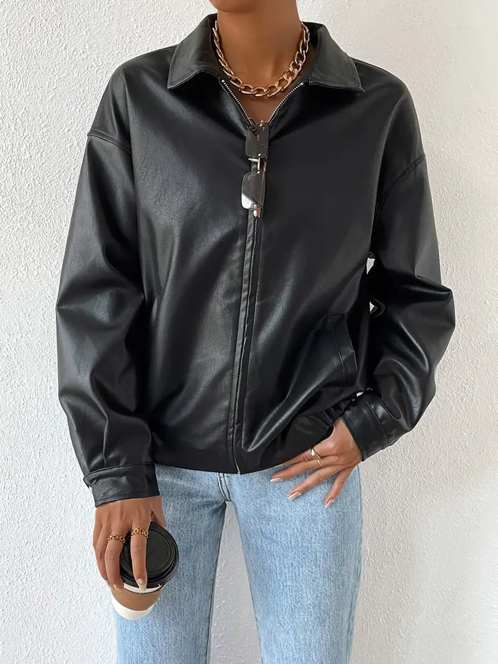 Women Faux Leather Jacket Relaxed Fit Zip Utility Outerwear