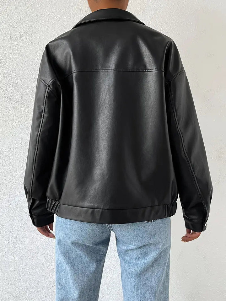 Women Faux Leather Jacket Relaxed Fit Zip Utility Outerwear