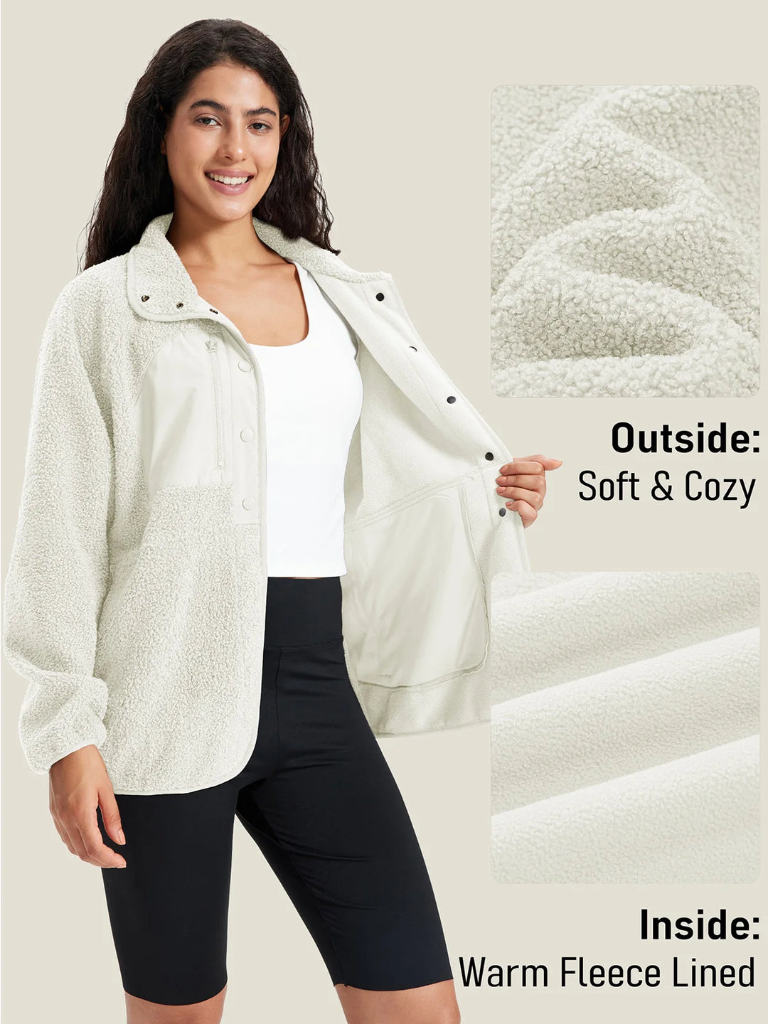 Delfina | Veste polaire sherpa douillette à boutons sur le devant et poches latérales