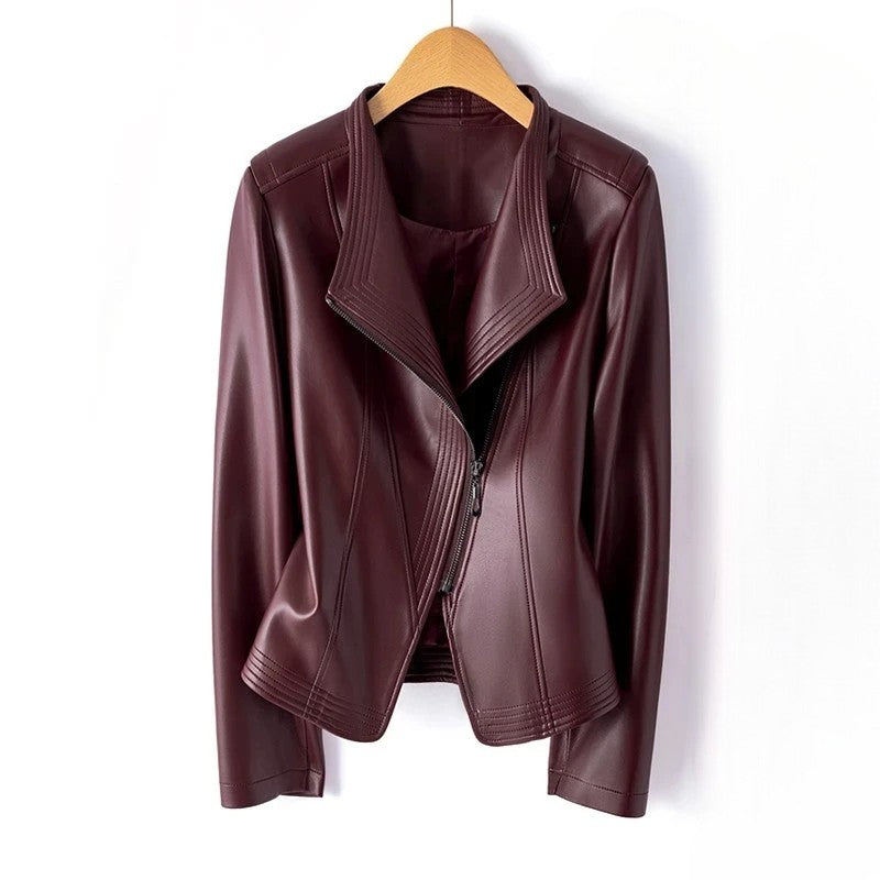 Veste en cuir avec fermeture éclair asymétrique à l'avant, cuir véritable, col en V  