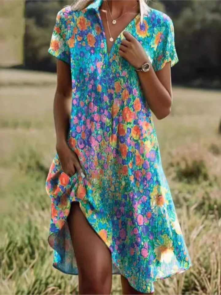 Carla™ | Robe florale boutonnée à col en V stylée