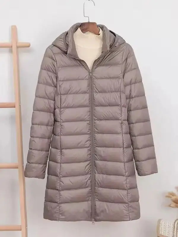 Ambrosine | Ultra-Light Long Down Jacket with Detachable Hood and Duck Down Fill