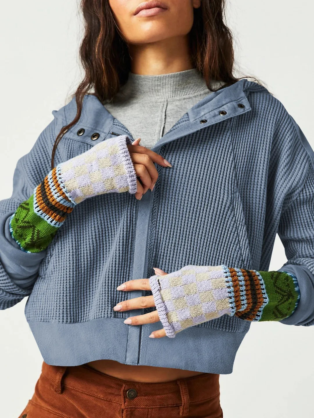 Women's Cotton Waffle Knit Zip Up Hoodie Casual Outerwear