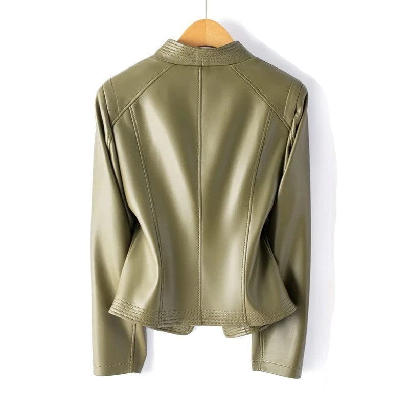 Veste en cuir avec fermeture éclair asymétrique à l'avant, cuir véritable, col en V  