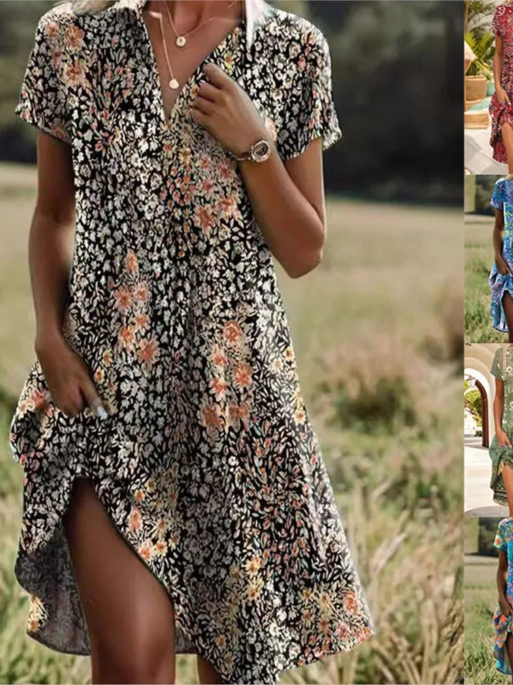 Carla™ | Robe florale boutonnée à col en V stylée