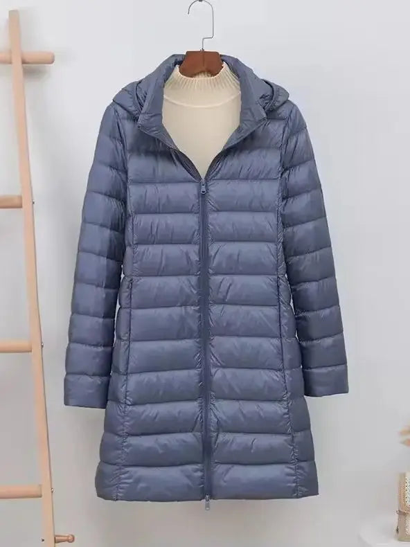 Ambrosine | Ultra-Light Long Down Jacket with Detachable Hood and Duck Down Fill