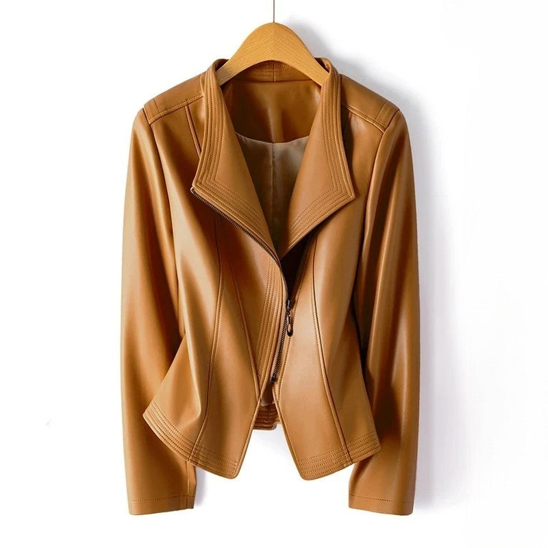 Veste en cuir avec fermeture éclair asymétrique à l'avant, cuir véritable, col en V  