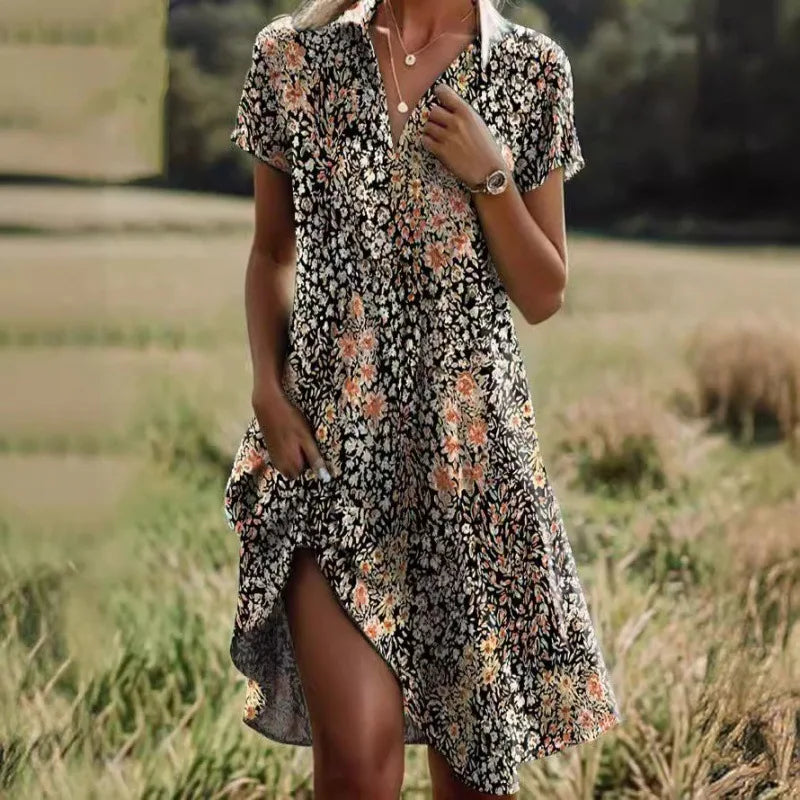 Carla™ | Robe florale boutonnée à col en V stylée