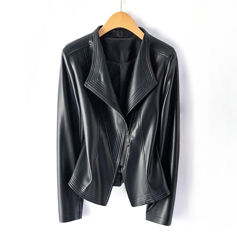 Veste en cuir avec fermeture éclair asymétrique à l'avant, cuir véritable, col en V  