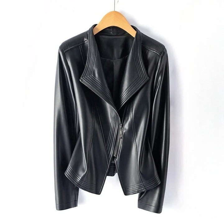 Veste en cuir avec fermeture éclair asymétrique à l'avant, cuir véritable, col en V  