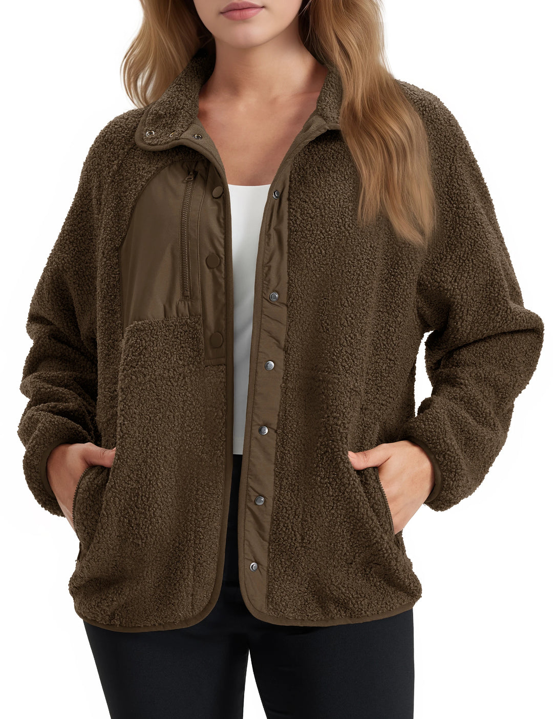 Delfina | Veste polaire sherpa douillette à boutons sur le devant et poches latérales