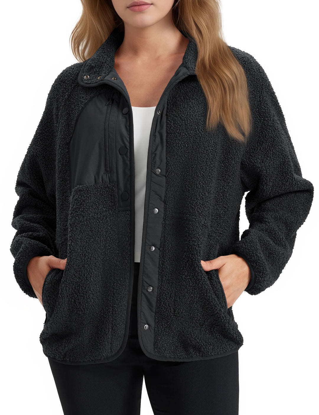 Delfina | Veste polaire sherpa douillette à boutons sur le devant et poches latérales