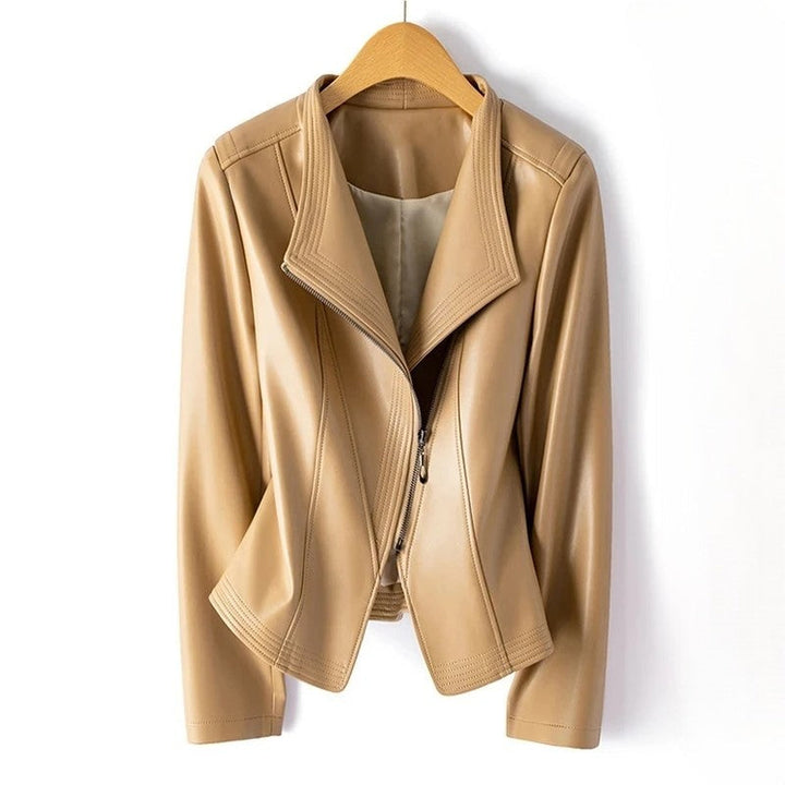 Veste en cuir avec fermeture éclair asymétrique à l'avant, cuir véritable, col en V  