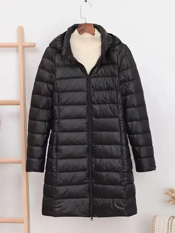Ambrosine | Ultra-Light Long Down Jacket with Detachable Hood and Duck Down Fill