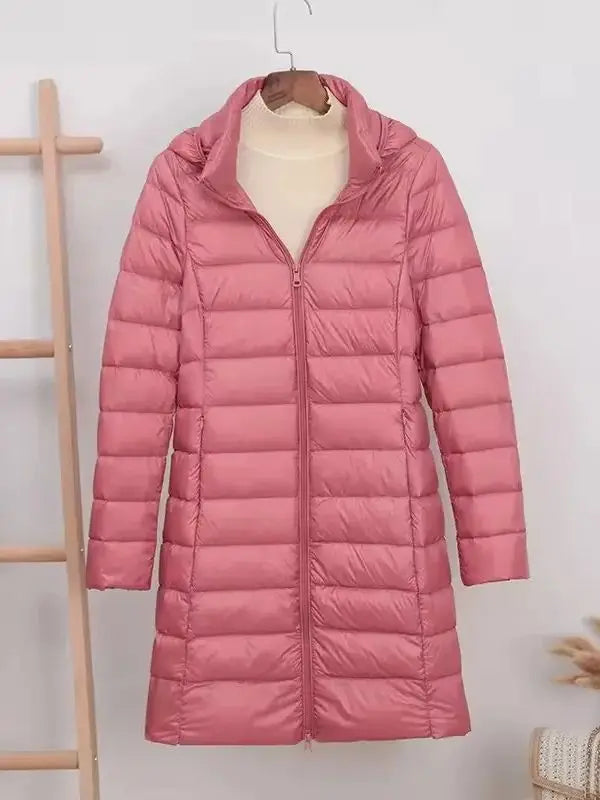 Ambrosine | Ultra-Light Long Down Jacket with Detachable Hood and Duck Down Fill