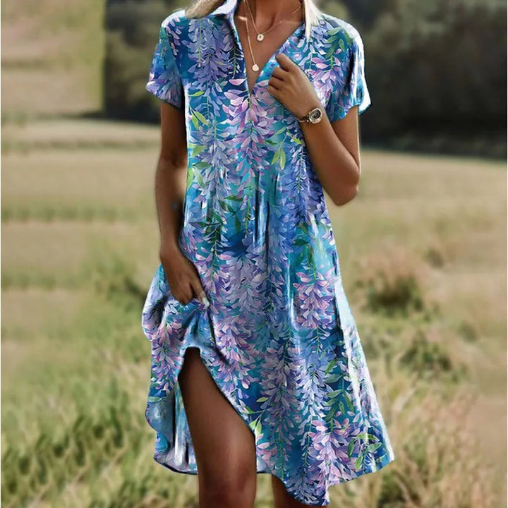 Carla™ | Robe florale boutonnée à col en V stylée