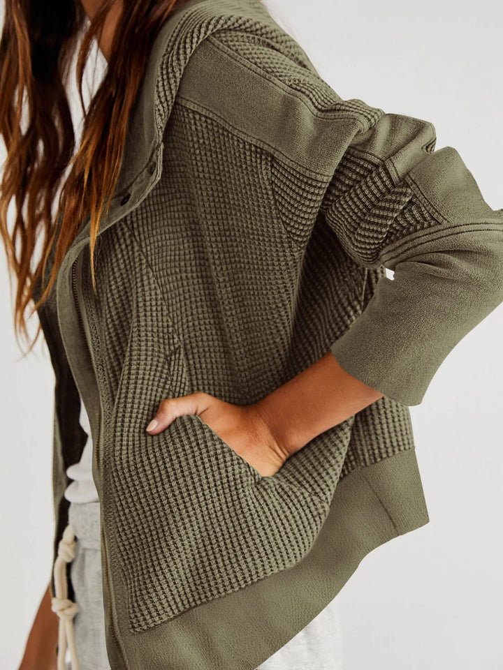 Women's Cotton Waffle Knit Zip Up Hoodie Casual Outerwear