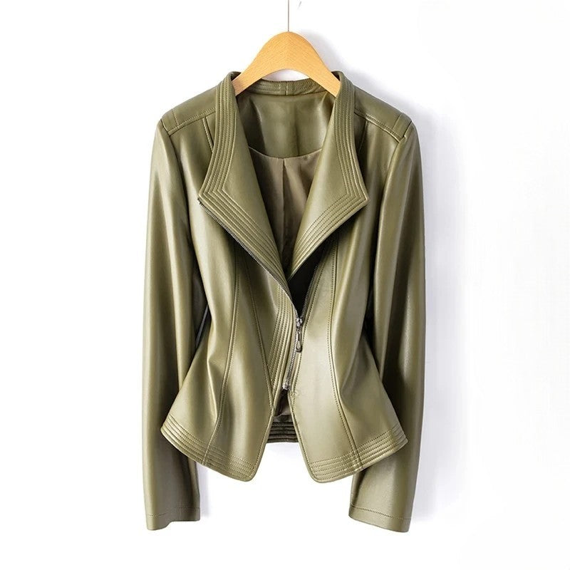 Veste en cuir avec fermeture éclair asymétrique à l'avant, cuir véritable, col en V  