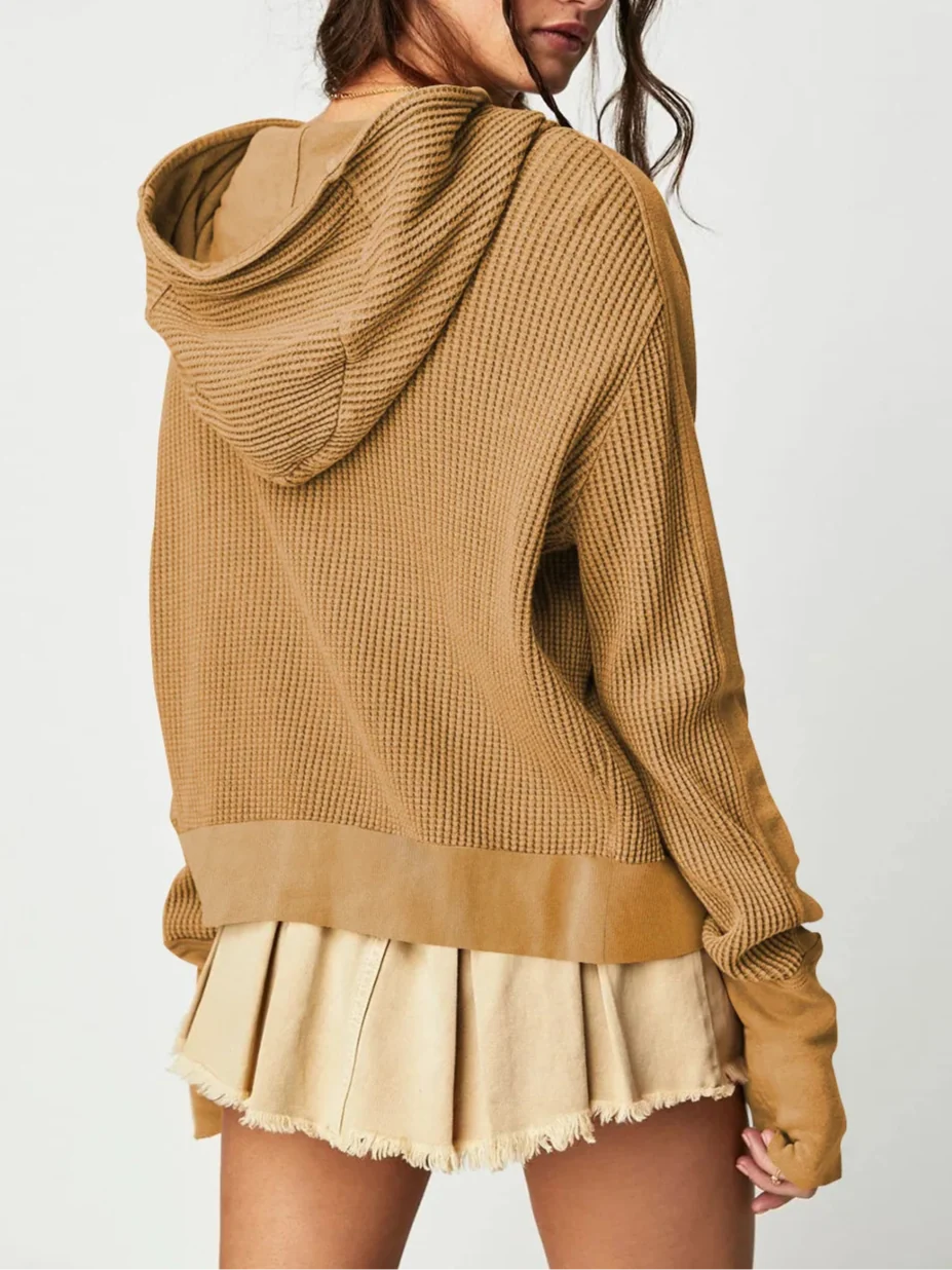 Women's Cotton Waffle Knit Zip Up Hoodie Casual Outerwear