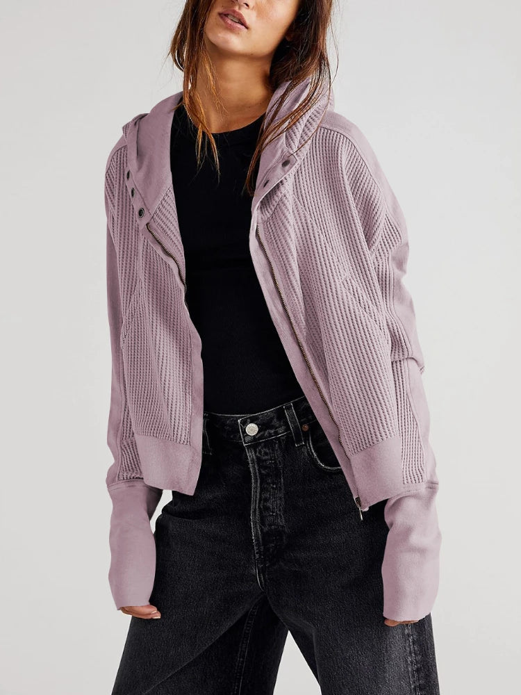 Women's Cotton Waffle Knit Zip Up Hoodie Casual Outerwear