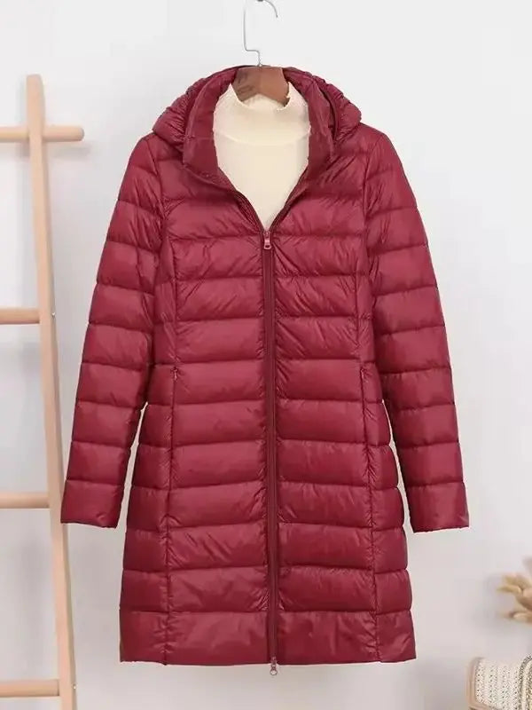 Ambrosine | Ultra-Light Long Down Jacket with Detachable Hood and Duck Down Fill