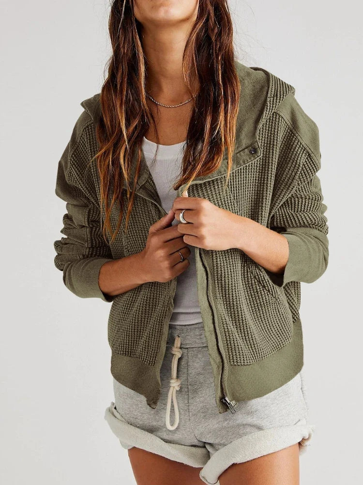 Women's Cotton Waffle Knit Zip Up Hoodie Casual Outerwear