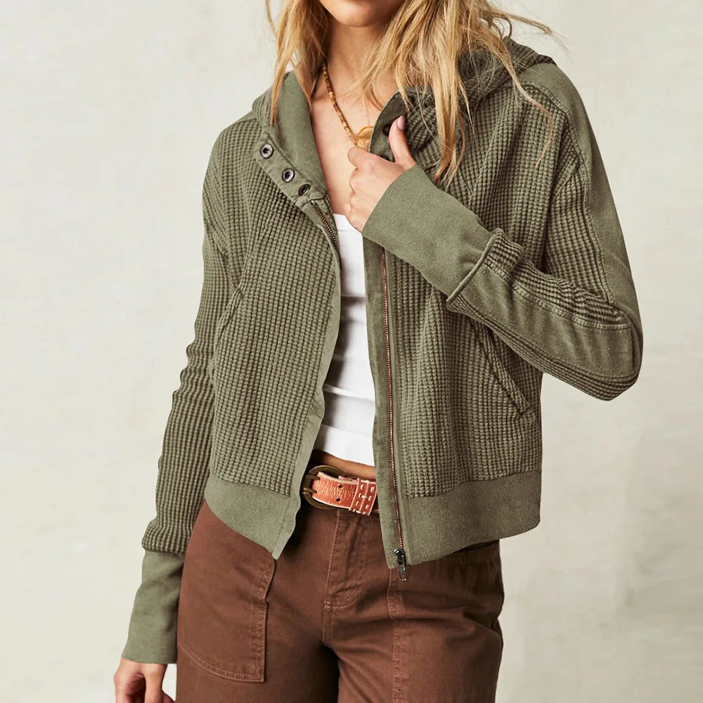 Women's Cotton Waffle Knit Zip Up Hoodie Casual Outerwear