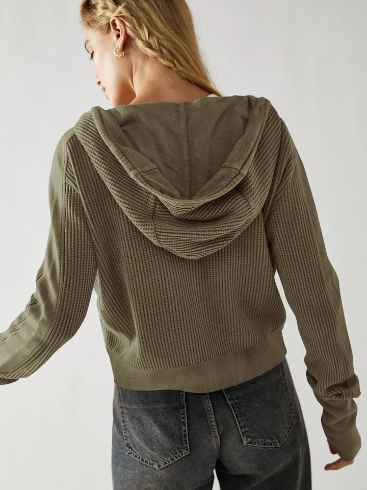 Women's Cotton Waffle Knit Zip Up Hoodie Casual Outerwear
