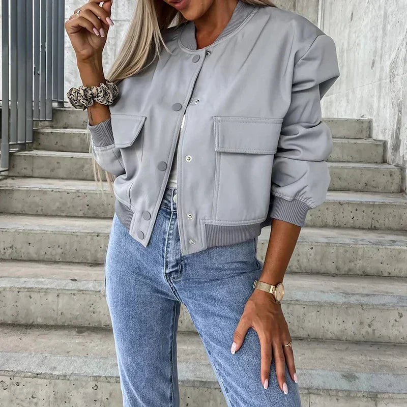 Women's Casual Snap Front Bomber Jacket Utility Outerwear
