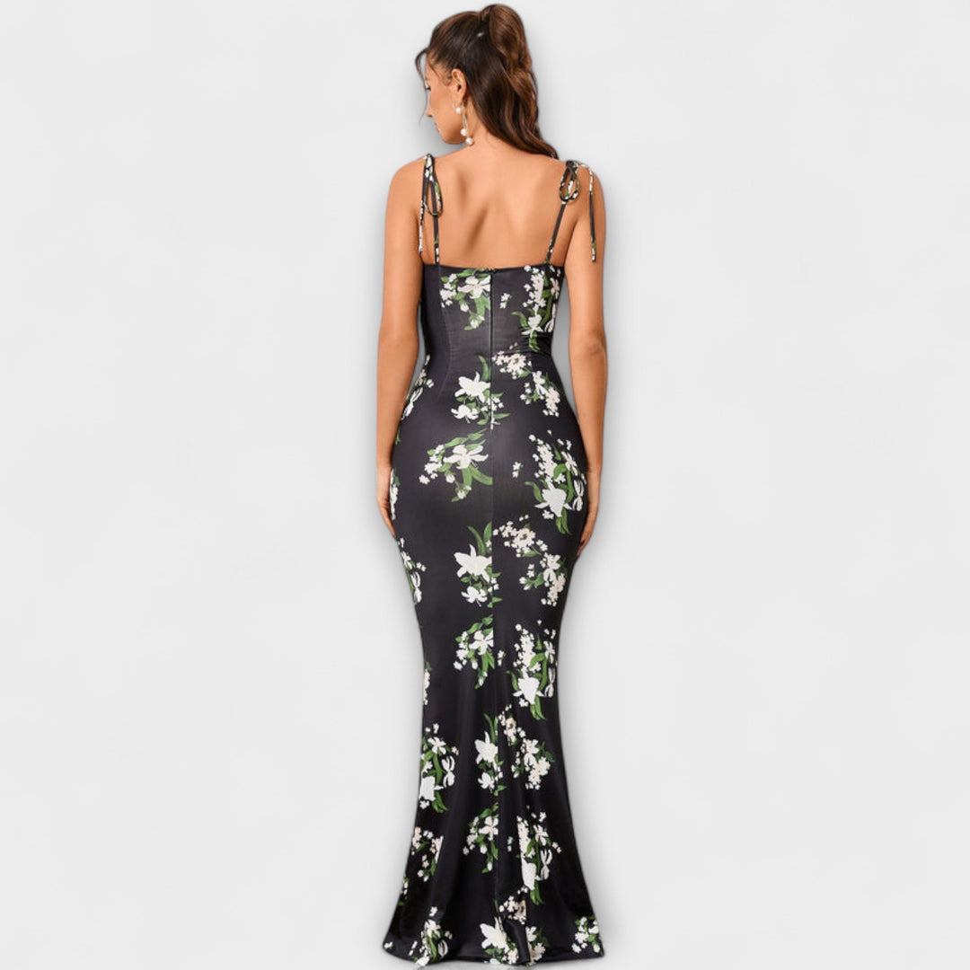 Thalia - Robe de bal imprimé floral avec bretelles nouées aux épaules
