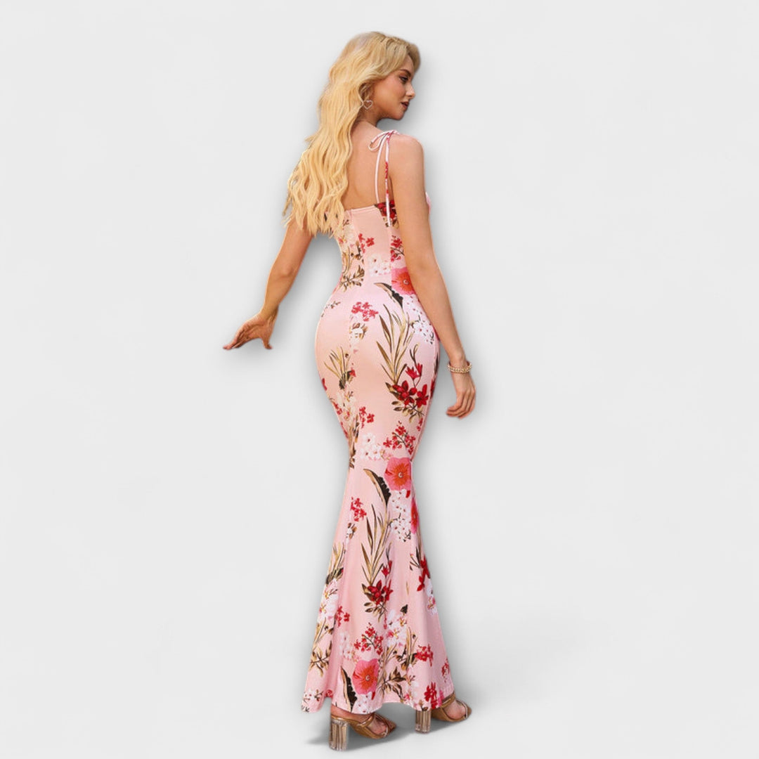 Thalia - Robe de bal imprimé floral avec bretelles nouées aux épaules