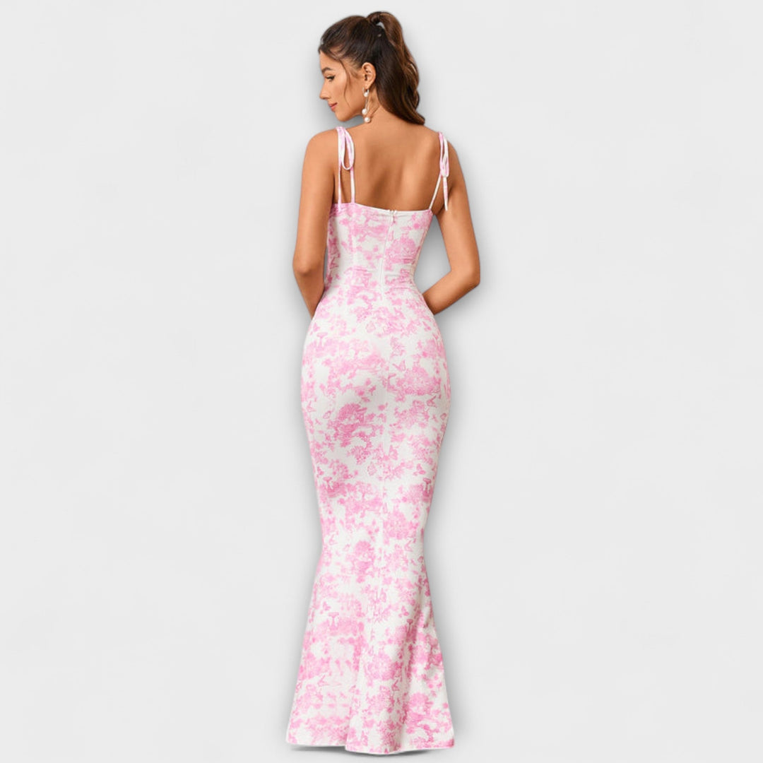 Thalia - Robe de bal imprimé floral avec bretelles nouées aux épaules