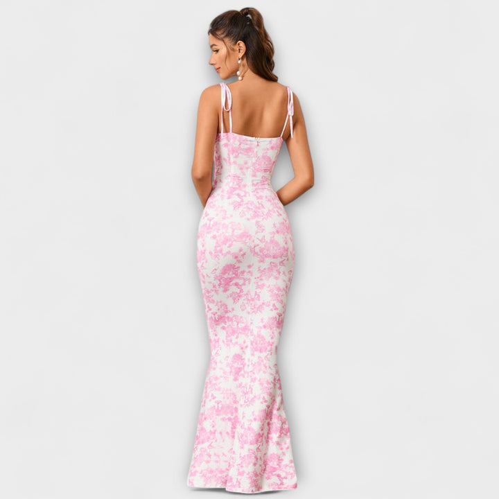 Thalia - Robe de bal imprimé floral avec bretelles nouées aux épaules