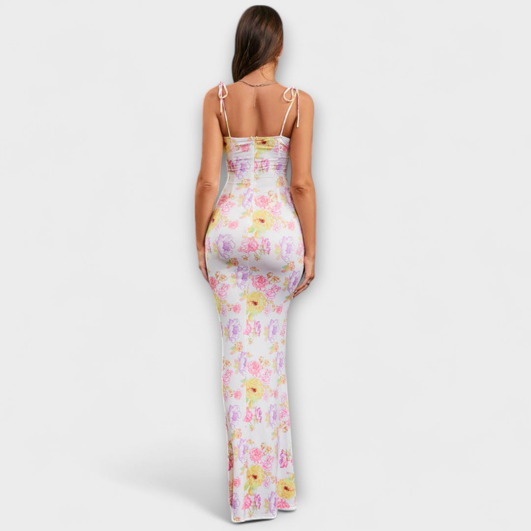 Thalia - Robe de bal imprimé floral avec bretelles nouées aux épaules