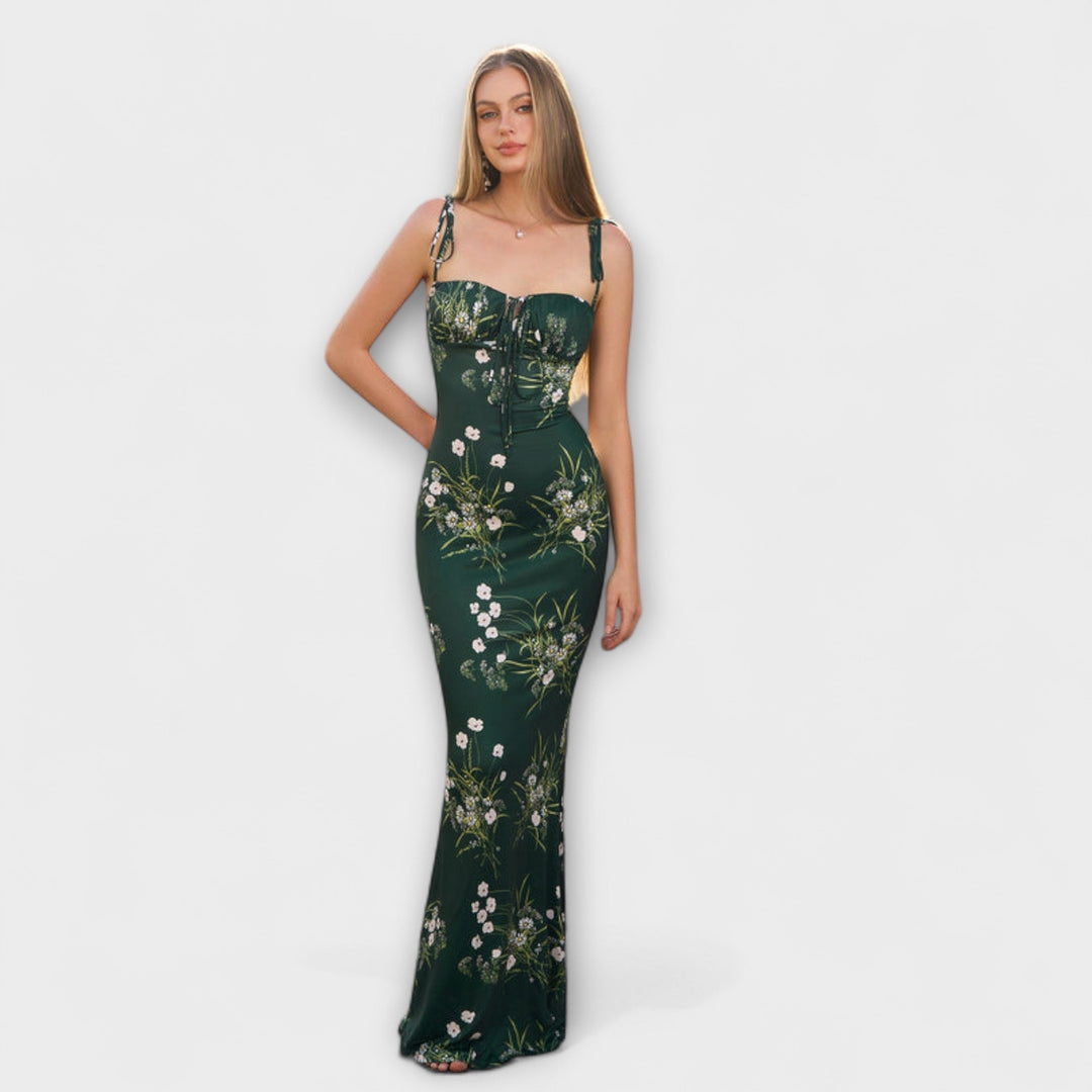 Thalia - Robe de bal imprimé floral avec bretelles nouées aux épaules